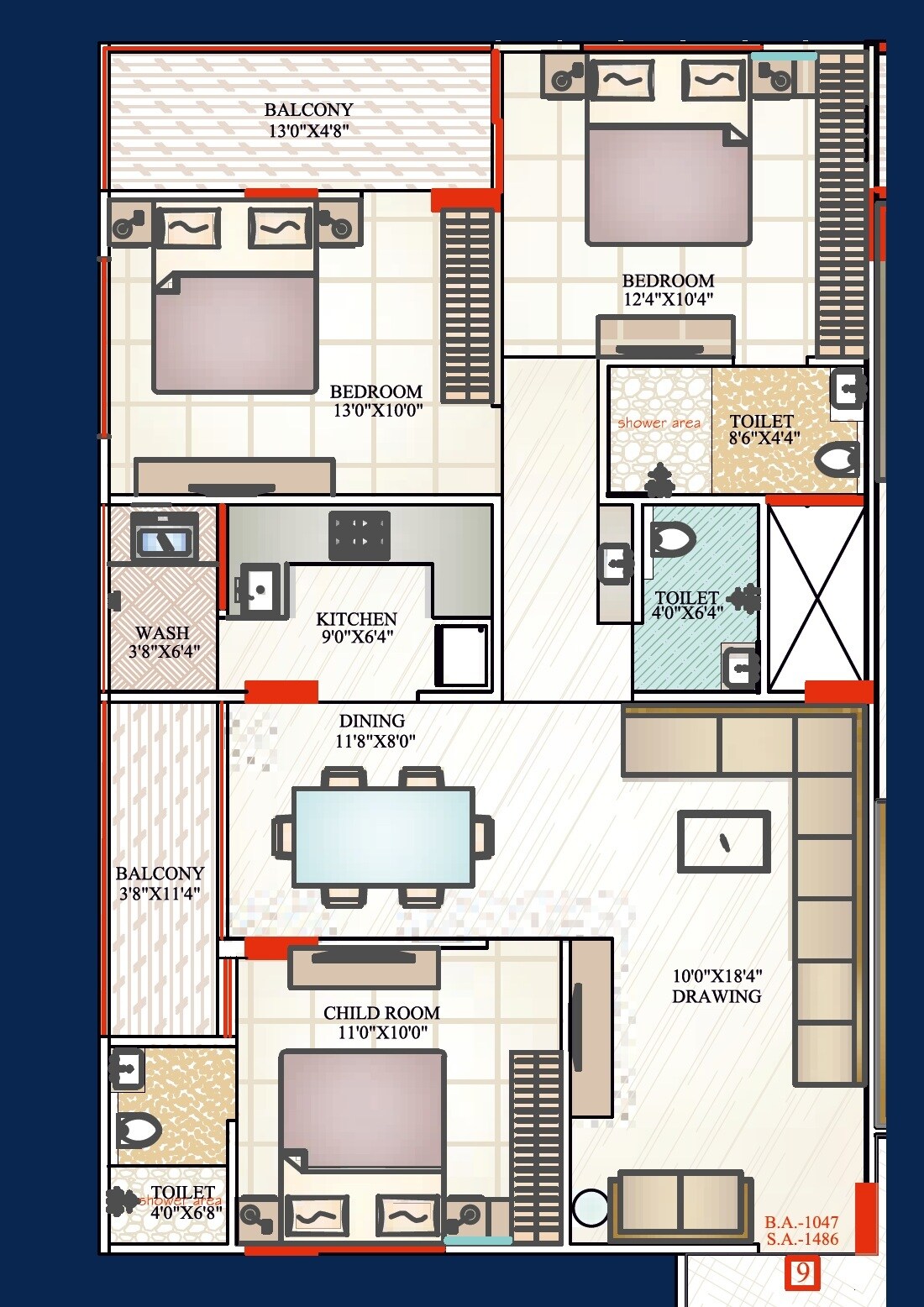Floor plan of 3 BHK 1486 Sq. Ft. Apartment in Nirvana Landmark, Indore