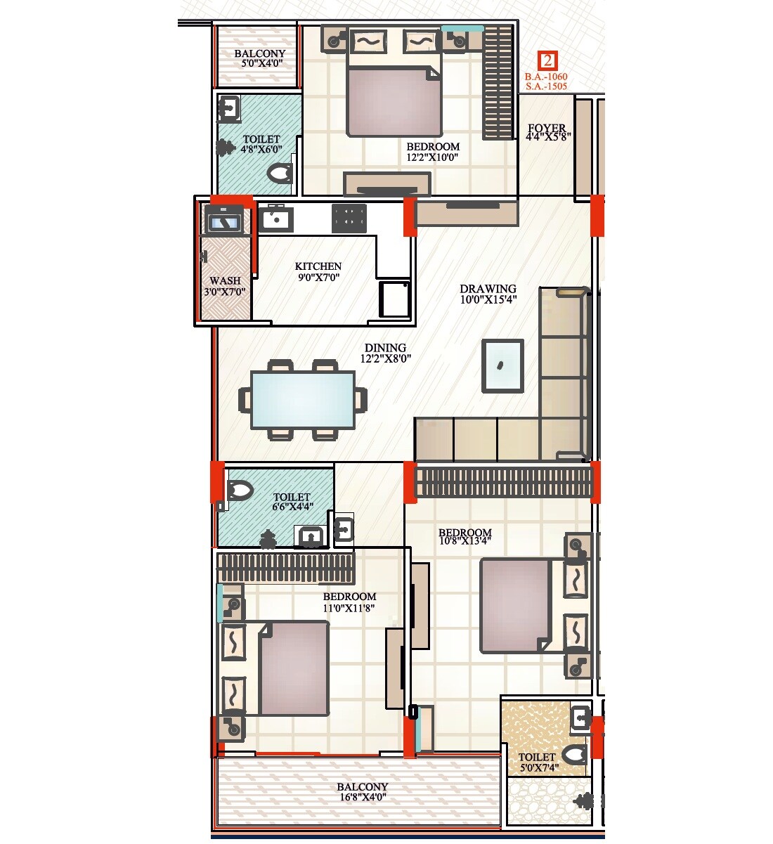 Floor plan of 3 BHK 1505 Sq. Ft. Apartment in Nirvana Landmark, Indore