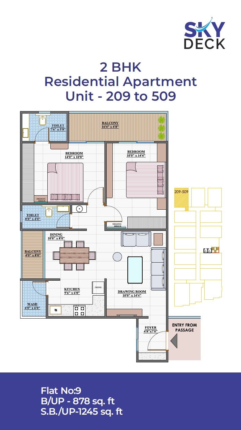 Floor plan of 2 BHK 1245 Sq. Ft. Apartment in Nirvana Skydeck, Indore