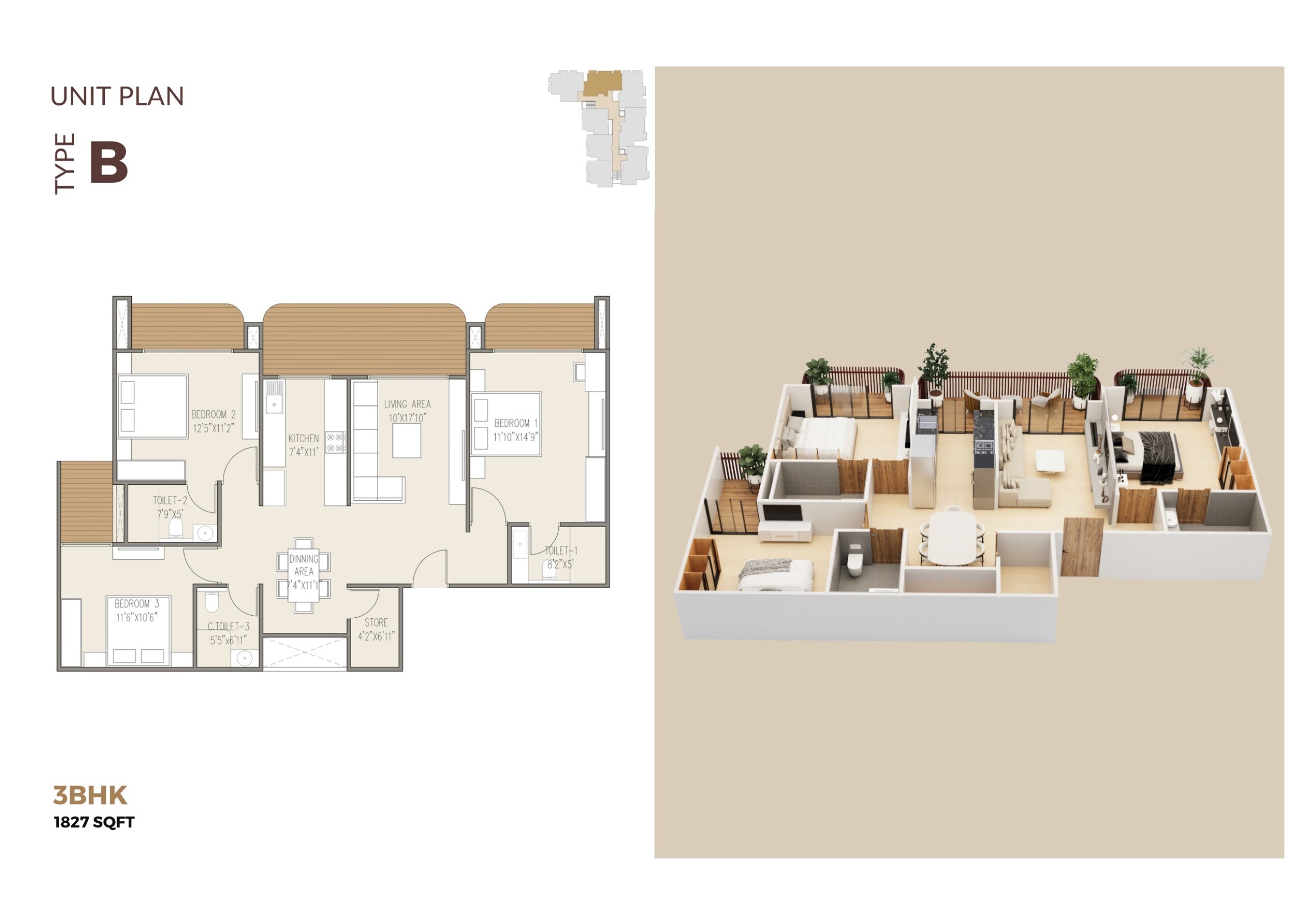 Floor plan of 3 BHK 1827 Sq. Ft. Apartment in Vitthal Prabhu Krishna Embrace, Indore