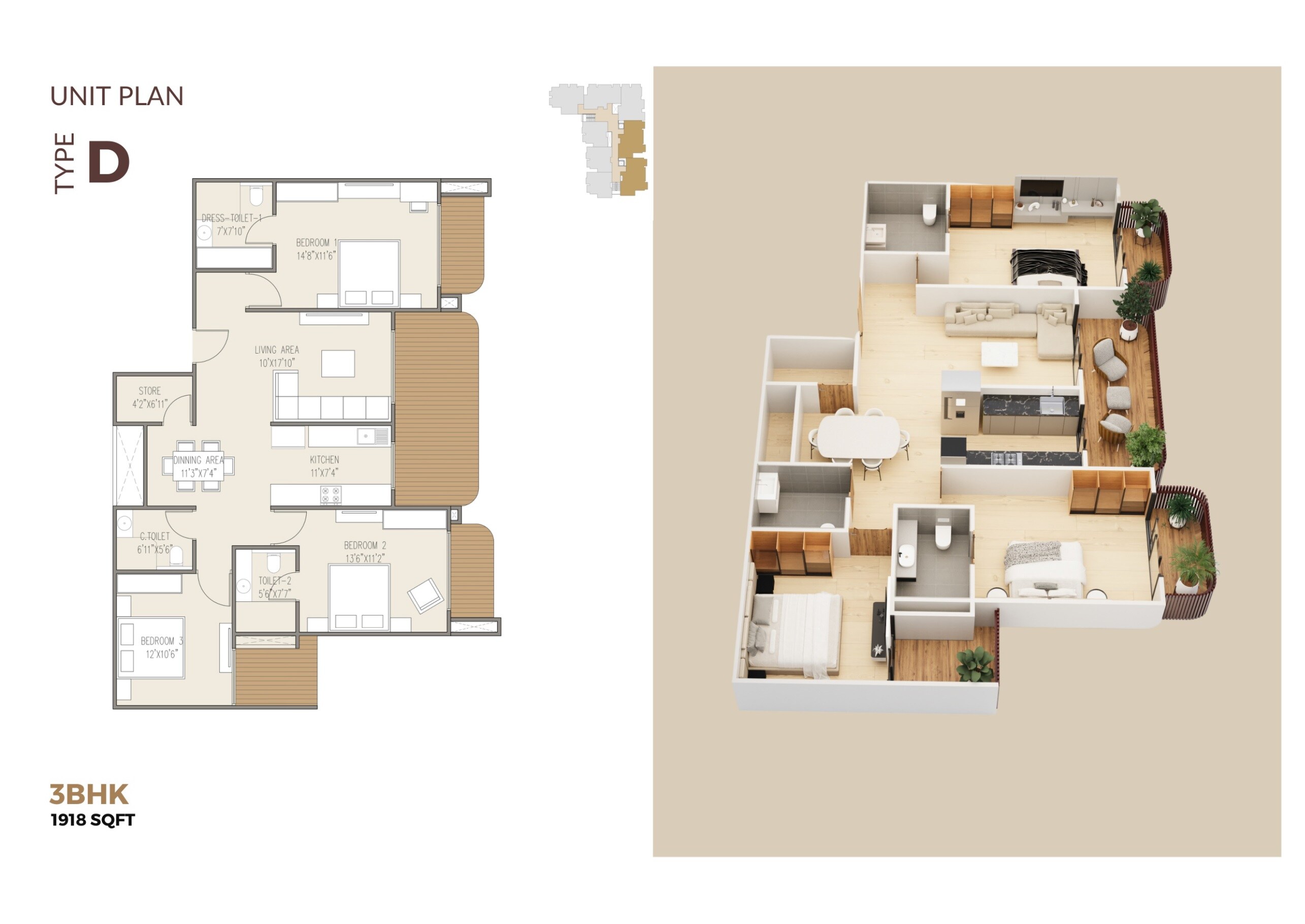 Floor plan of 3 BHK 1918 Sq. Ft. Apartment in Vitthal Prabhu Krishna Embrace, Indore