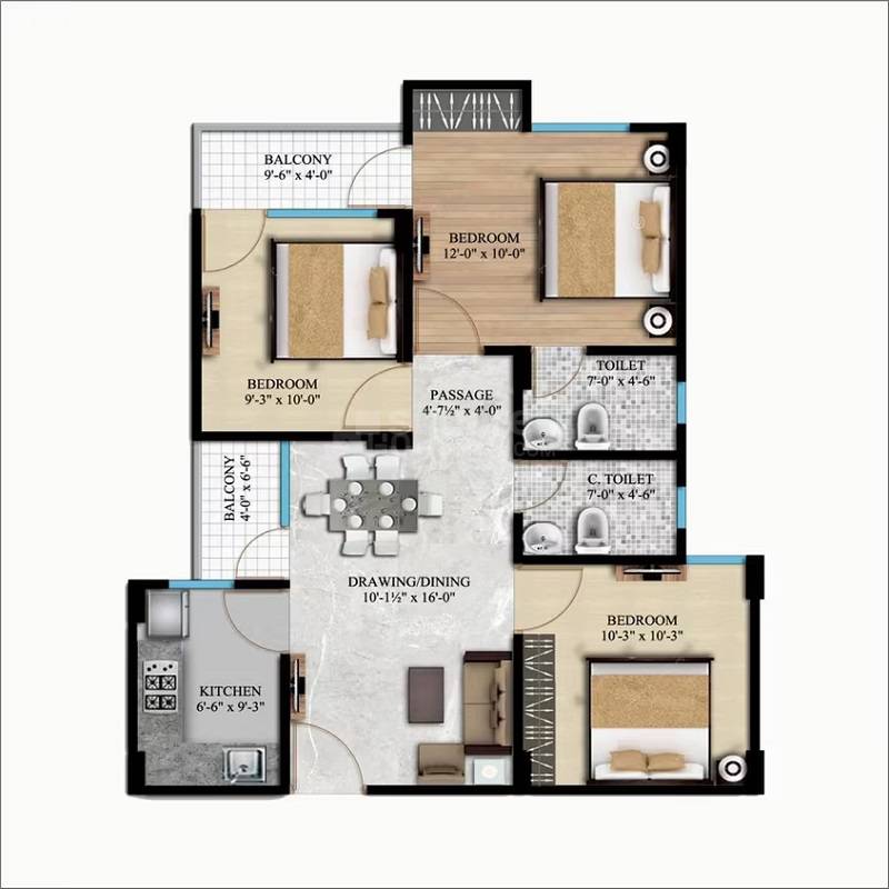 Floor plan of 3 BHK 1000 Sq. Ft. Apartment in Aadarsh Vaishali Vatika, Jaipur
