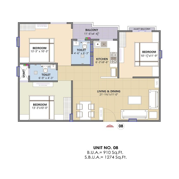 Floor plan of 3 BHK Apartment - 1274 sq. ft. in Aaradhya AG Heights II, Jaipur