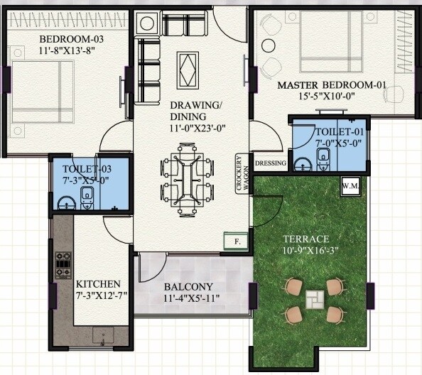 Floor plan of 2 BHK 1015 Sq. Ft. Apartment in Aashish Acacia, Jaipur