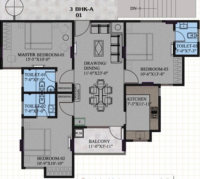 Floor plan of 3 BHK 1433 Sq. Ft. Apartment in Aashish Acacia, Jaipur
