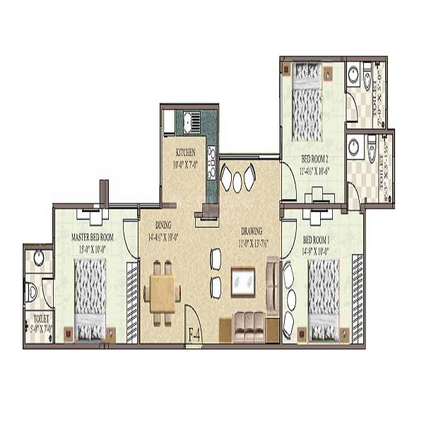 Floor plan of 3 BHK 1413 Sq. Ft. Apartment in Aashish Pamposh, Jaipur