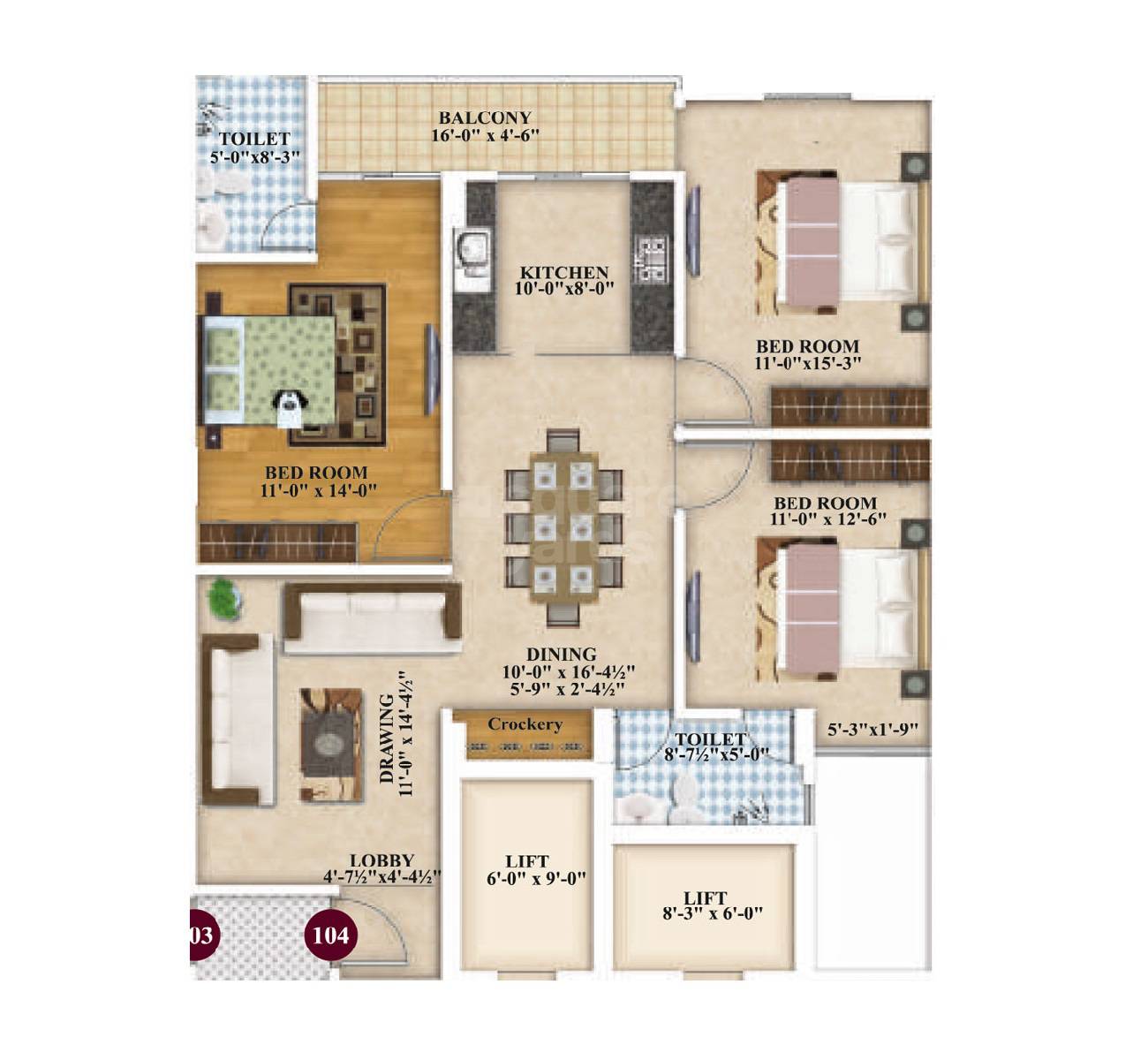 3 BHK 1057 Sq. Ft. Apartment