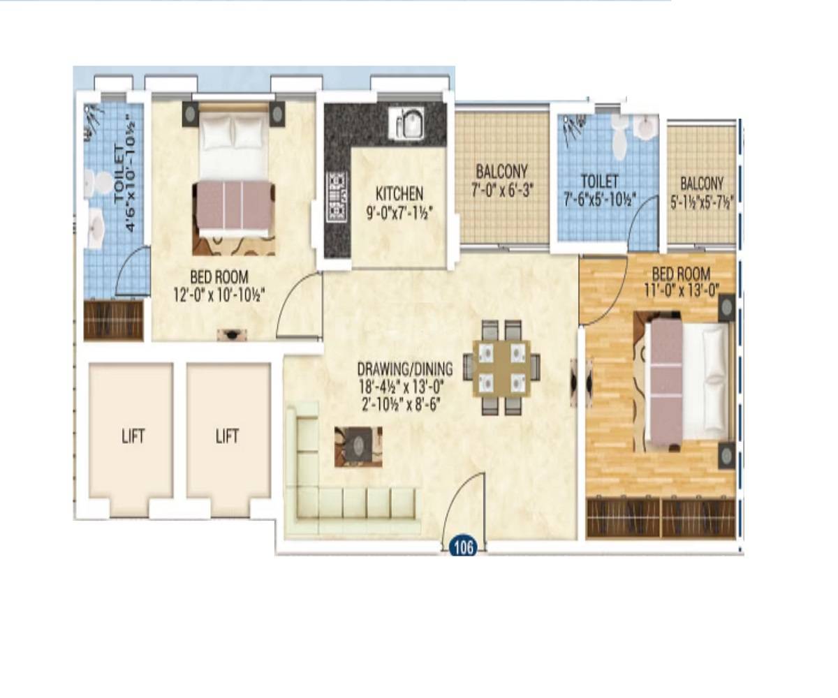 Floor plan of 2 BHK 719 Sq. Ft. Apartment in Aashish Satyam, Jaipur