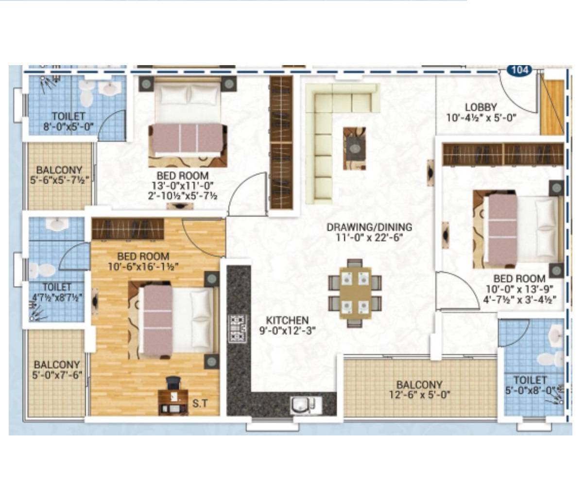 Floor plan of 3 BHK 1291 Sq. Ft. Apartment in Aashish Satyam, Jaipur