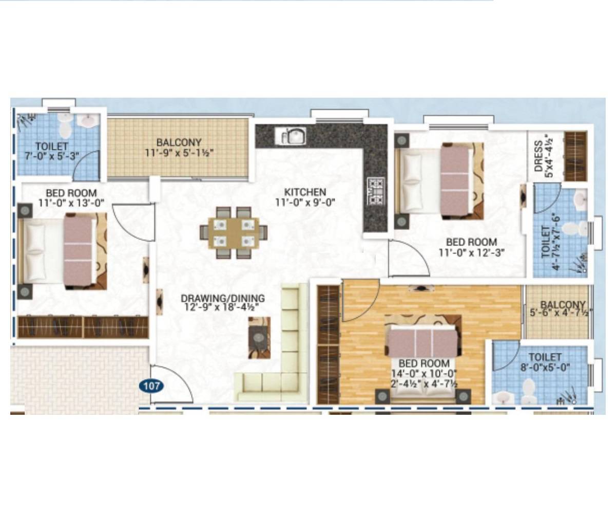 Floor plan of 3 BHK 946 Sq. Ft. Apartment in Aashish Satyam, Jaipur