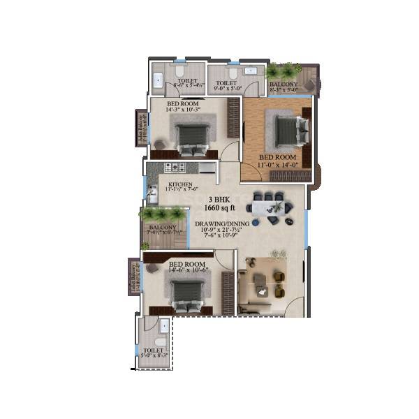 Floor plan of 3 BHK 1660 Sq. Ft. Apartment in Aashish Siya Homes, Jaipur