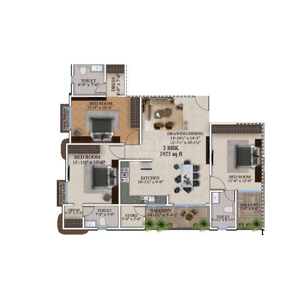 Floor plan of 3 BHK 1925 Sq. Ft. Apartment in Aashish Siya Homes, Jaipur