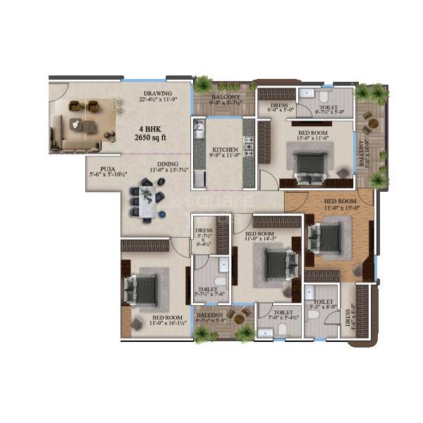 Floor plan of 4 BHK 2650 Sq. Ft. Apartment in Aashish Siya Homes, Jaipur