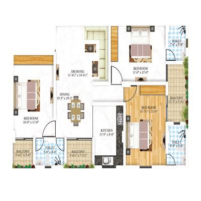 Floor plan of 3 BHK 1008 Sq. Ft. Apartment in Aashish Suhaag Residency, Jaipur