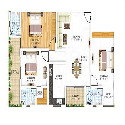Floor plan of 3 BHK 1156 Sq. Ft. Apartment in Aashish Suhaag Residency, Jaipur