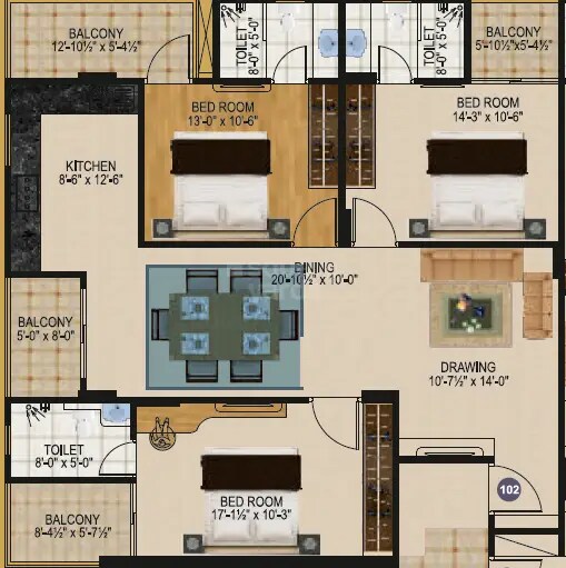 3 BHK 1119 Sq. Ft. Apartment