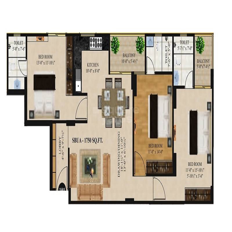 Floor plan of 3 BHK 1100 Sq. Ft. Apartment in Aashish The Laburnum, Jaipur