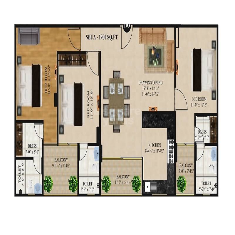 Floor plan of 3 BHK 1154 Sq. Ft. Apartment in Aashish The Laburnum, Jaipur