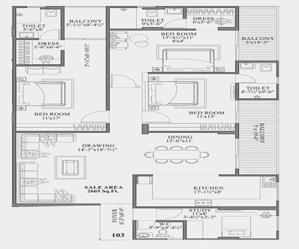 Floor plan of 3 BHK 2665 Sq. Ft. Apartment in Aashish The Meridian, Jaipur