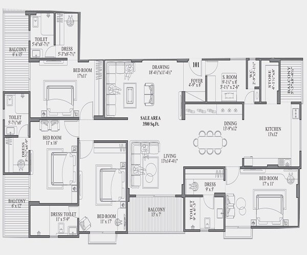 Floor plan of 4 BHK 3500 Sq. Ft. Apartment in Aashish The Meridian, Jaipur