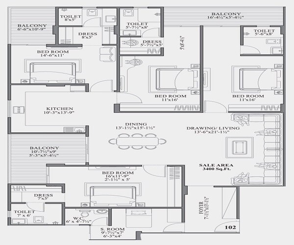 Floor plan of 4 BHK 3400 Sq. Ft. Apartment in Aashish The Meridian, Jaipur