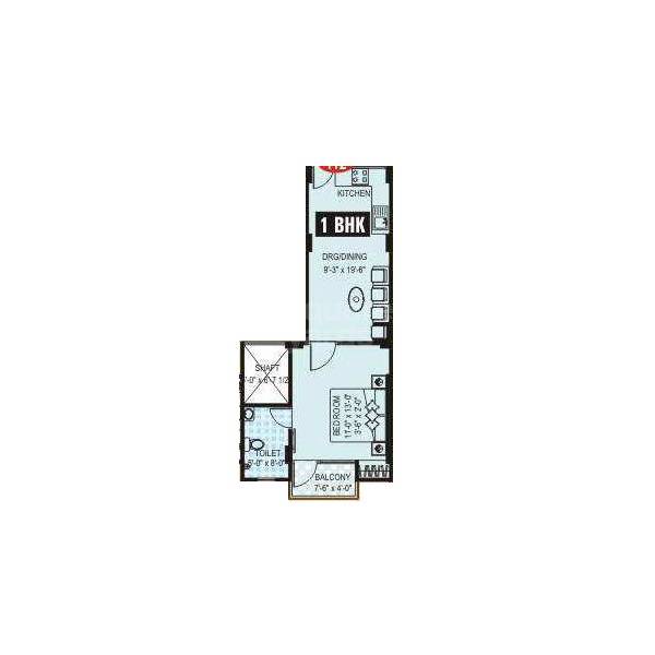 Floor plan of 1 BHK 391 Sq. Ft. Apartment in Aastha Residency Tonk Road, Jaipur
