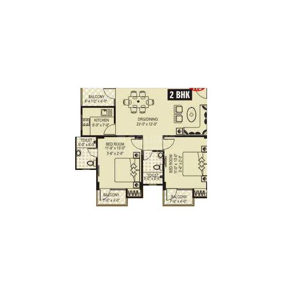 Floor plan of 2 BHK 631 Sq. Ft. Apartment in Aastha Residency Tonk Road, Jaipur