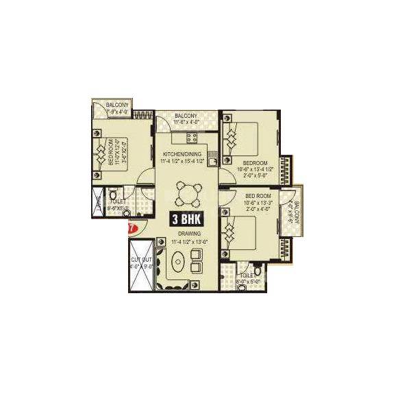 Floor plan of 3 BHK 1155 Sq. Ft. Apartment in Aastha Residency Tonk Road, Jaipur