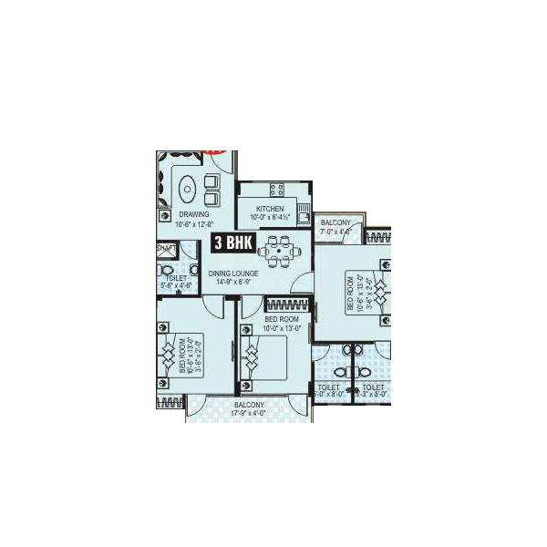 Floor plan of 3 BHK 919 Sq. Ft. Apartment in Aastha Residency Tonk Road, Jaipur