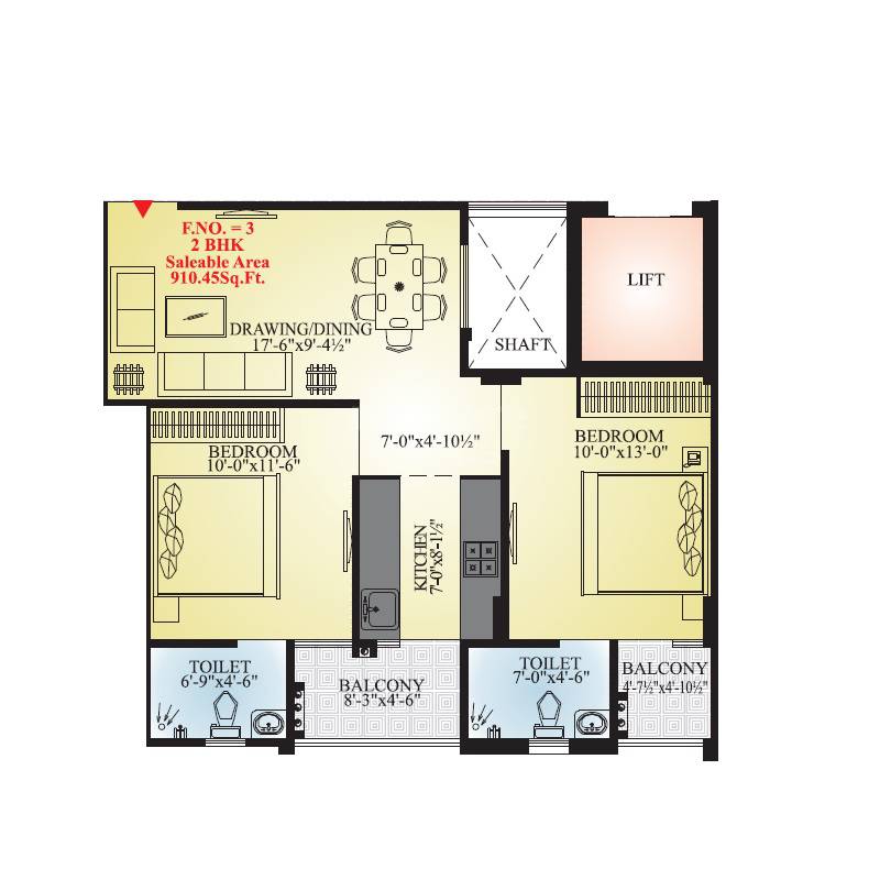 Floor plan of 2 BHK 910 Sq. Ft. Apartment in AB Prime Heights, Jaipur