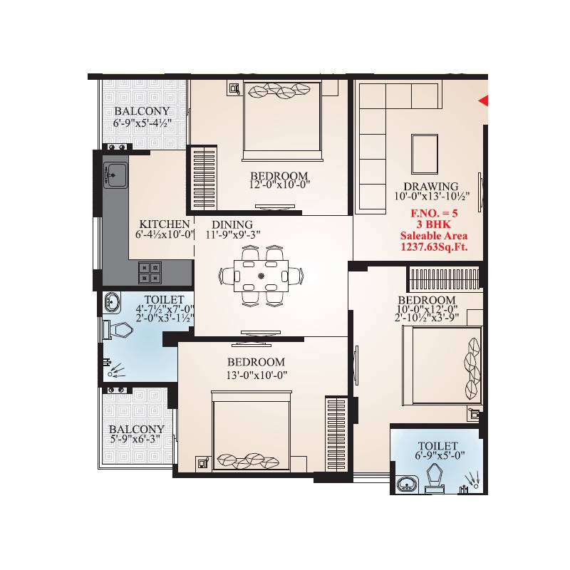 Floor plan of 3 BHK 1237 Sq. Ft. Apartment in AB Prime Heights, Jaipur