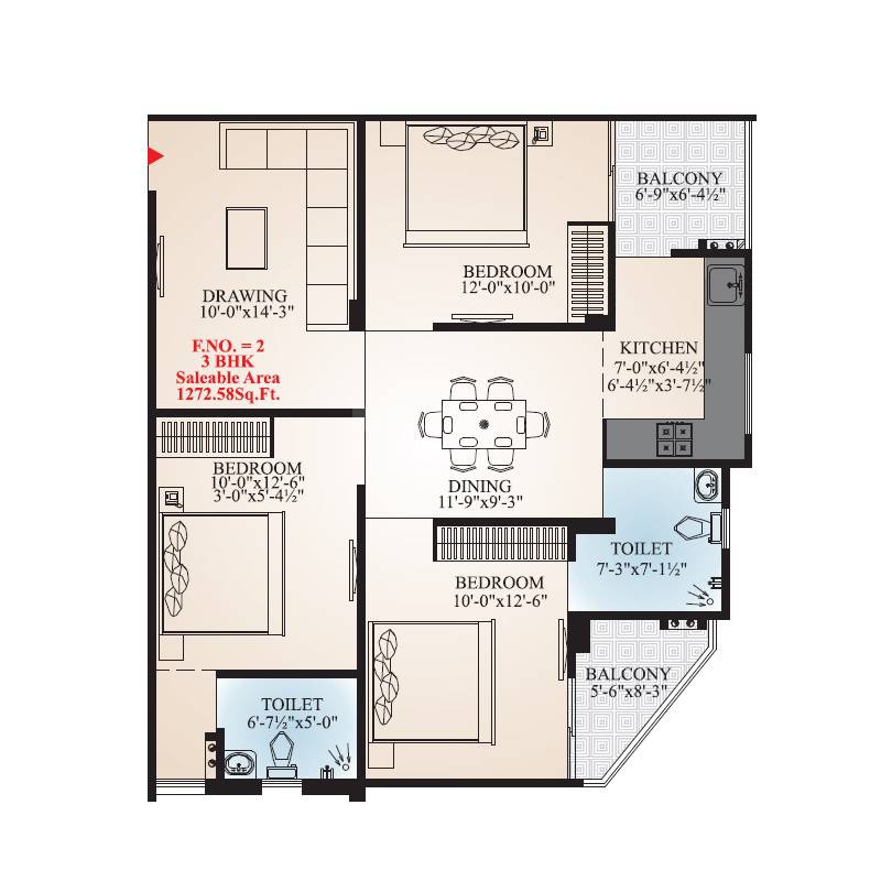 Floor plan of 3 BHK 1272 Sq. Ft. Apartment in AB Prime Heights, Jaipur