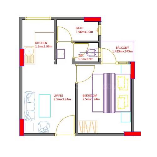 Floor plan of 1 BHK Apartment - 350 sq. ft. in ABP Vashundhara Kutumb, Jaipur