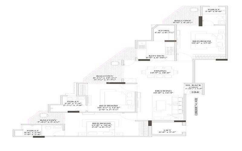 Floor plan of 3 BHK 1088 Sq. Ft. Apartment in Adhaarshila Casato, Jaipur