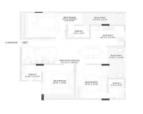 Floor plan of 3 BHK 968 Sq. Ft. Apartment in Adhaarshila Casato, Jaipur