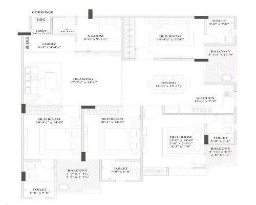 Floor plan of 4 BHK 1485 Sq. Ft. Apartment in Adhaarshila Casato, Jaipur