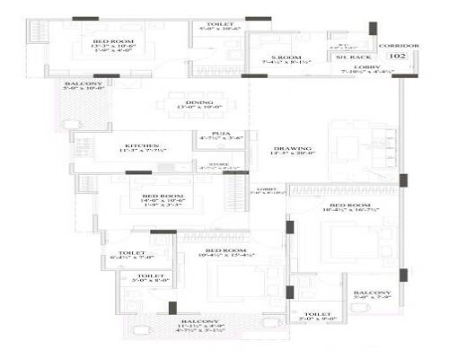 Floor plan of 4 BHK 1579 Sq. Ft. Apartment in Adhaarshila Casato, Jaipur