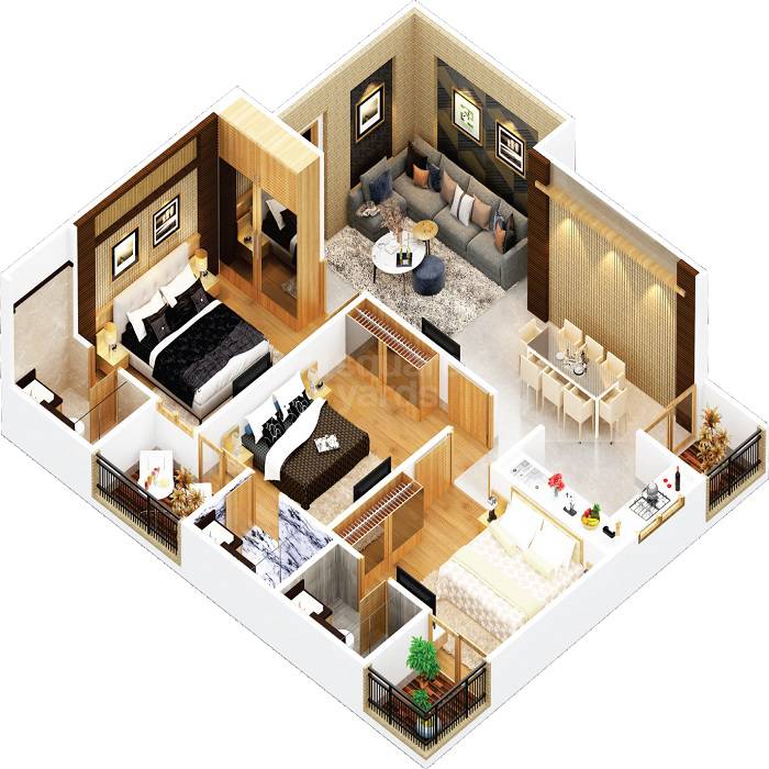 Floor plan of 3 BHK 838 Sq. Ft. Apartment in Agarwal AB Iconic, Jaipur