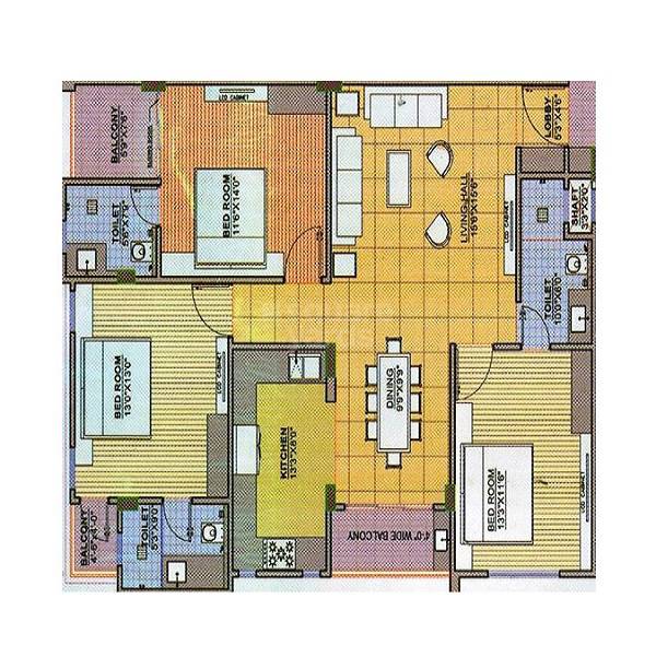 Floor plan of 3 BHK 1161 Sq. Ft. Apartment in Aishwarya Kapish Ginni Galaxy, Jaipur