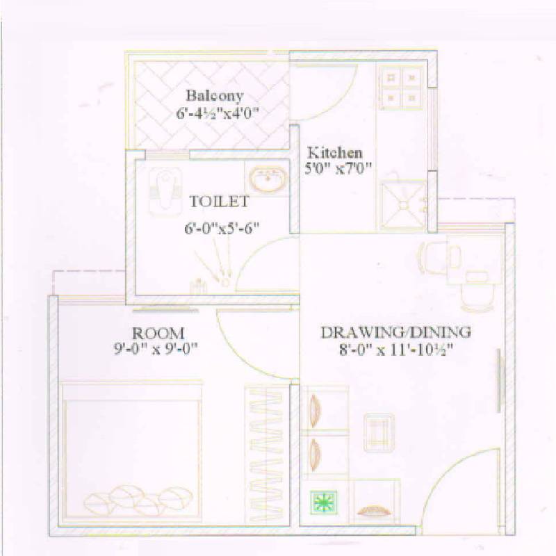 Floor plan of 1 BHK 374 Sq. Ft. Apartment in Brijasha Saumya Valley, Jaipur