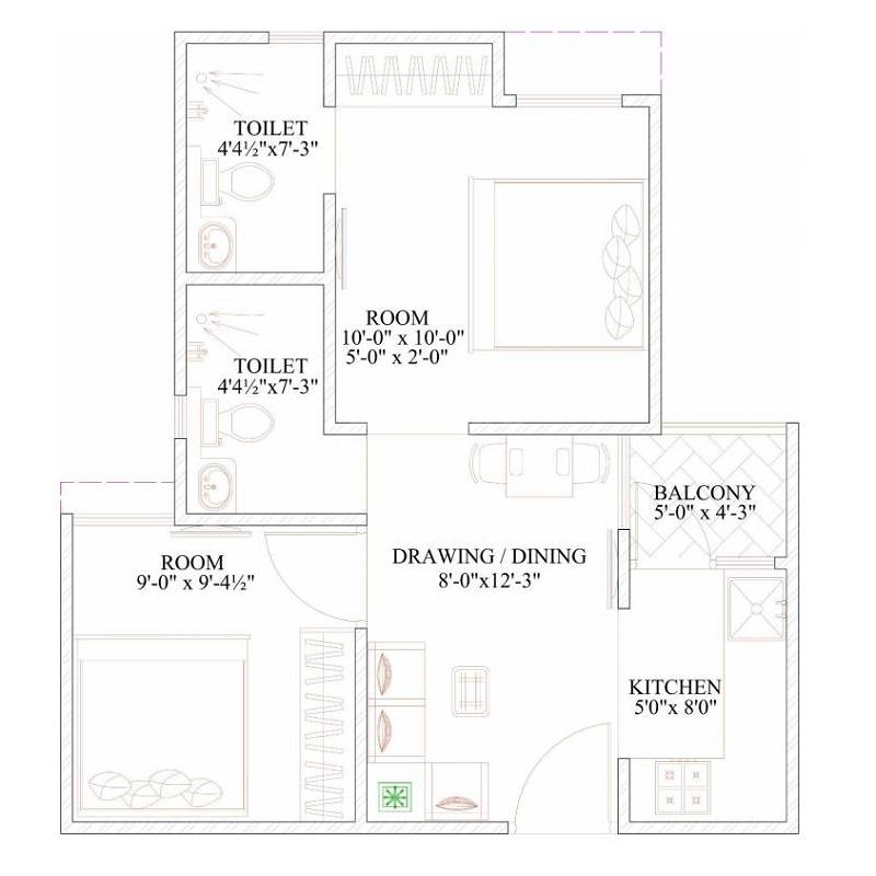Floor plan of 2 BHK 551 Sq. Ft. Apartment in Brijasha Saumya Valley, Jaipur
