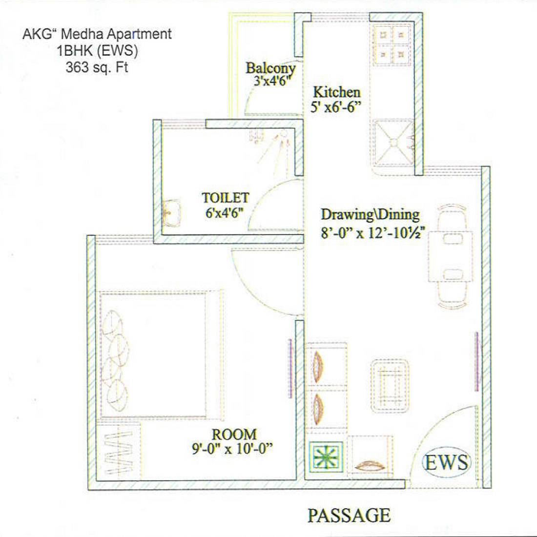 Floor plan of 1 BHK Apartment - 363 sq. ft. in AKG Medha Apartments, Jaipur