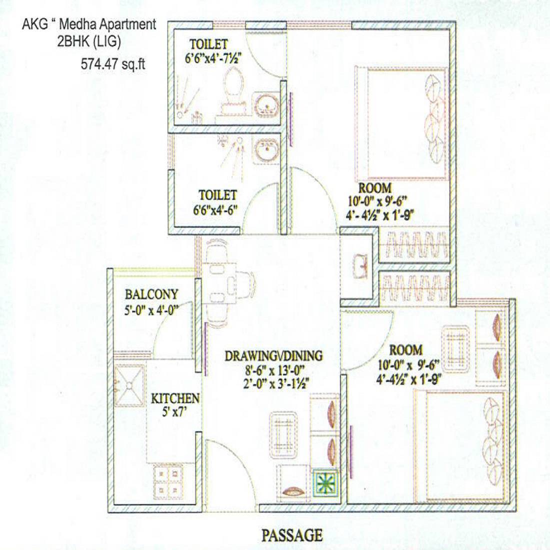 Floor plan of 2 BHK Apartment - 552 sq. ft. in AKG Medha Apartments, Jaipur