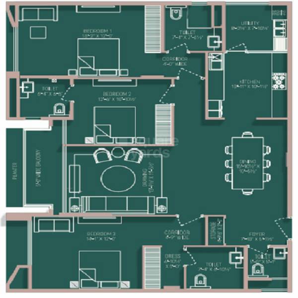 Floor plan of 3 BHK 1423 Sq. Ft. Apartment in Akshat Durlabh, Jaipur