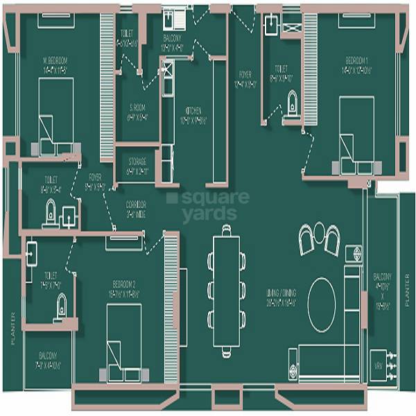 Floor plan of 3 BHK 1495 Sq. Ft. Apartment in Akshat Durlabh, Jaipur