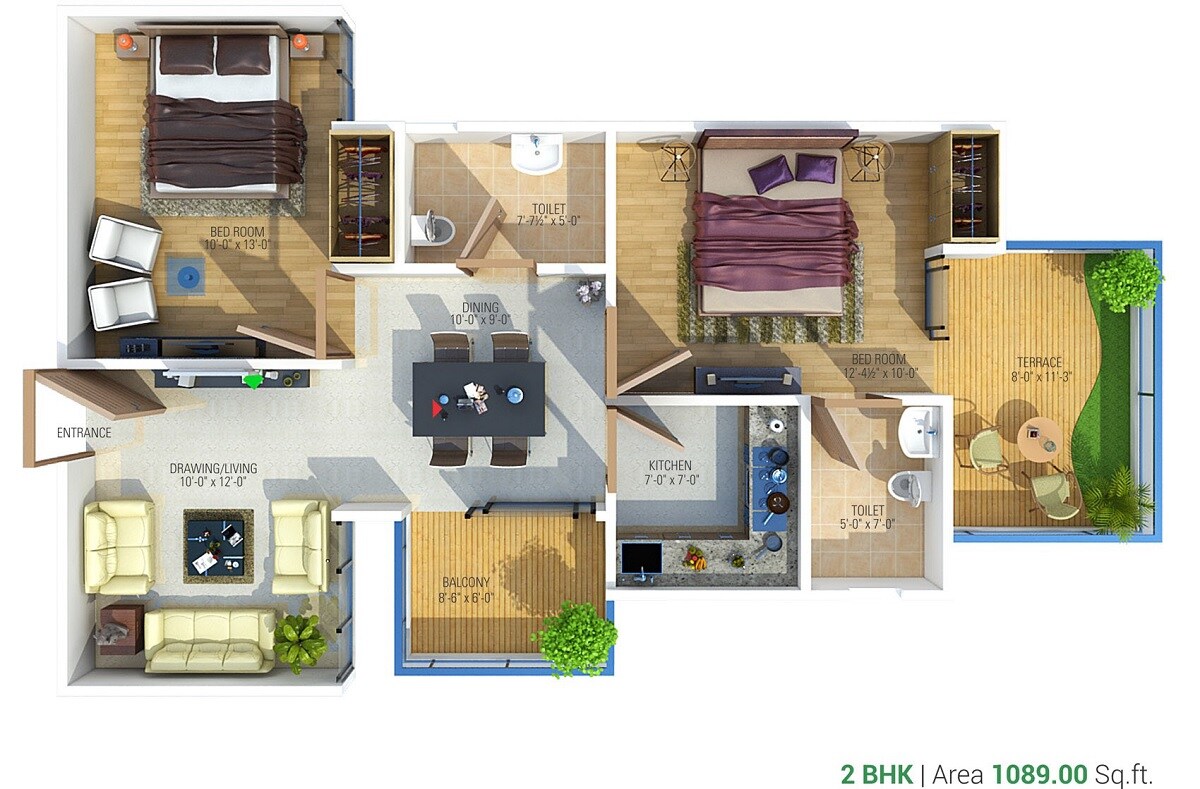 Floor plan of 2 BHK 1089 Sq. Ft. Apartment in Anukampa Platina Terraces, Jaipur