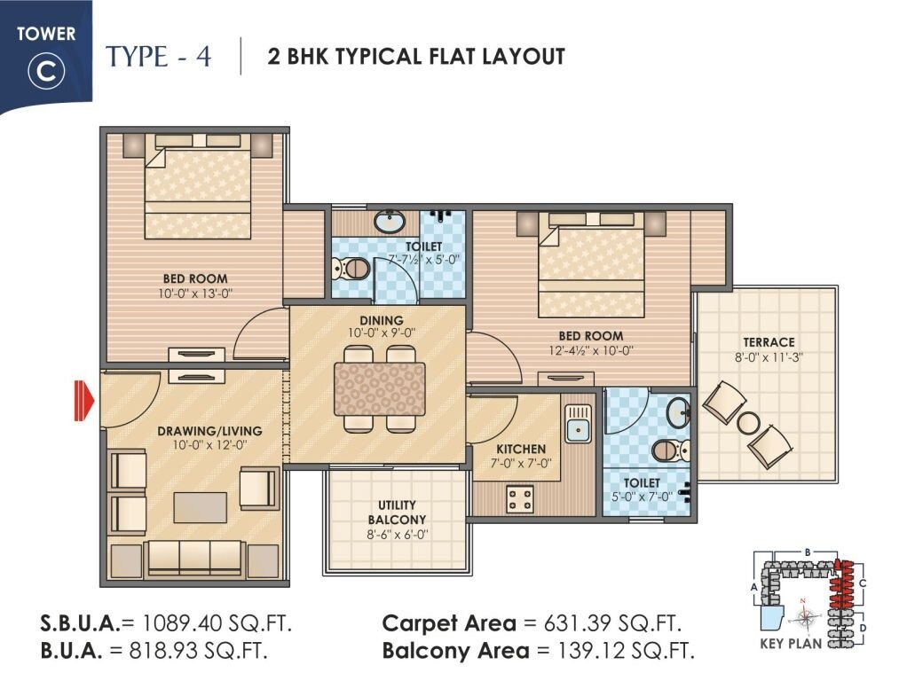 Floor plan of 2 BHK 1089 Sq. Ft. Apartment in Anukampa Sky Lounges, Jaipur
