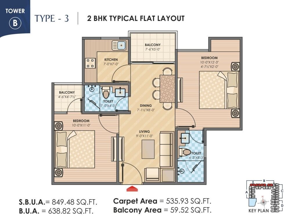 Floor plan of 2 BHK 849 Sq. Ft. Apartment in Anukampa Sky Lounges, Jaipur