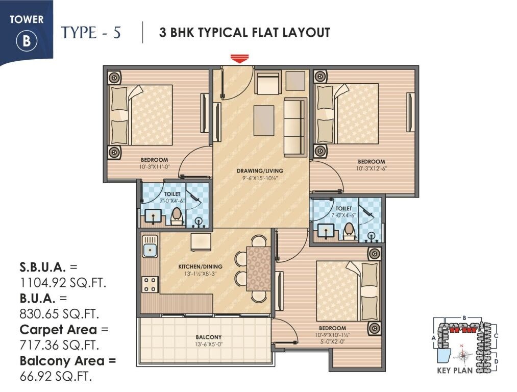 Floor plan of 3 BHK 1106 Sq. Ft. Apartment in Anukampa Sky Lounges, Jaipur