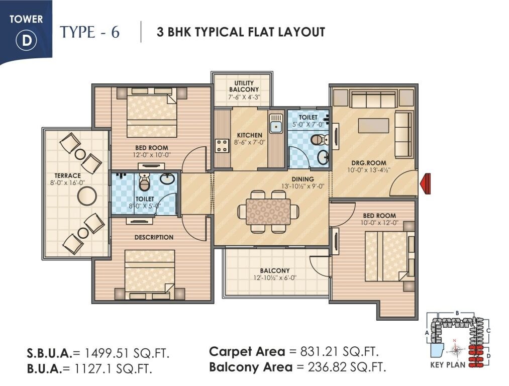 Floor plan of 3 BHK 1499 Sq. Ft. Apartment in Anukampa Sky Lounges, Jaipur